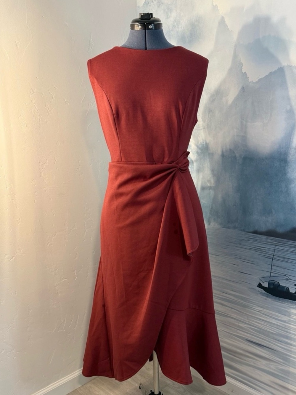 Elegant Pomegranate Merlot Sleeveless Wrap Midi Dress #216